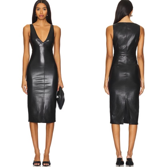 NWT HOUSE OF HARLOW 1960 Liv Faux Vegan Leather Sleeveless Vneck Midi Dress - Picture 1 of 7